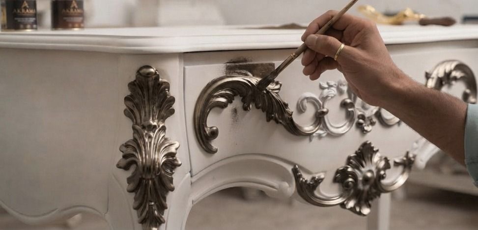 Artisan hand-painting silver ornament on a white console