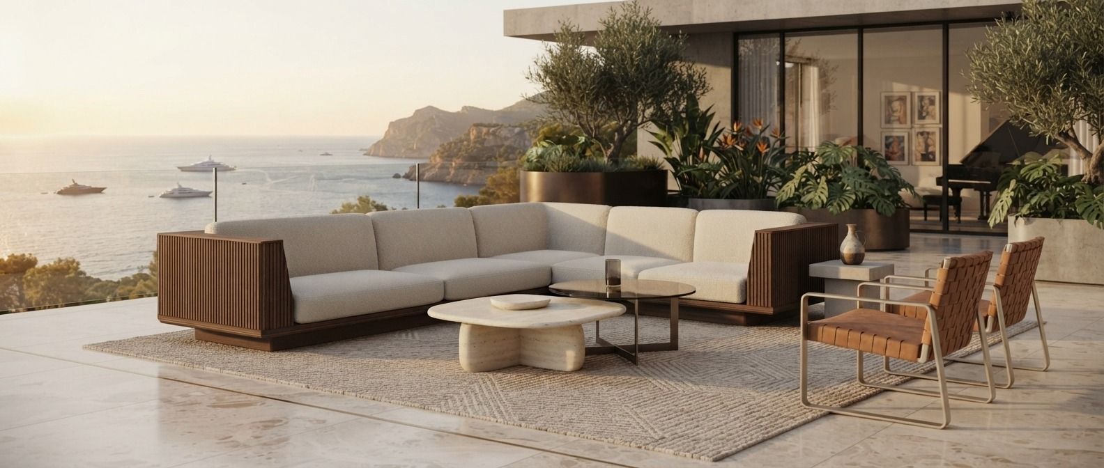 Akrama luxury outdoor sofa and lounge set on a seaside terrace at sunset