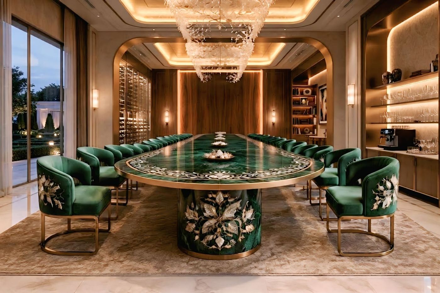 Hospitality dining room with emerald chairs and a long inlaid table