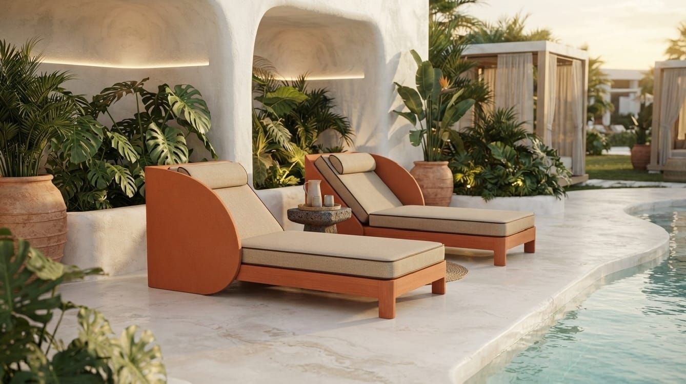 Poolside sun loungers at a resort