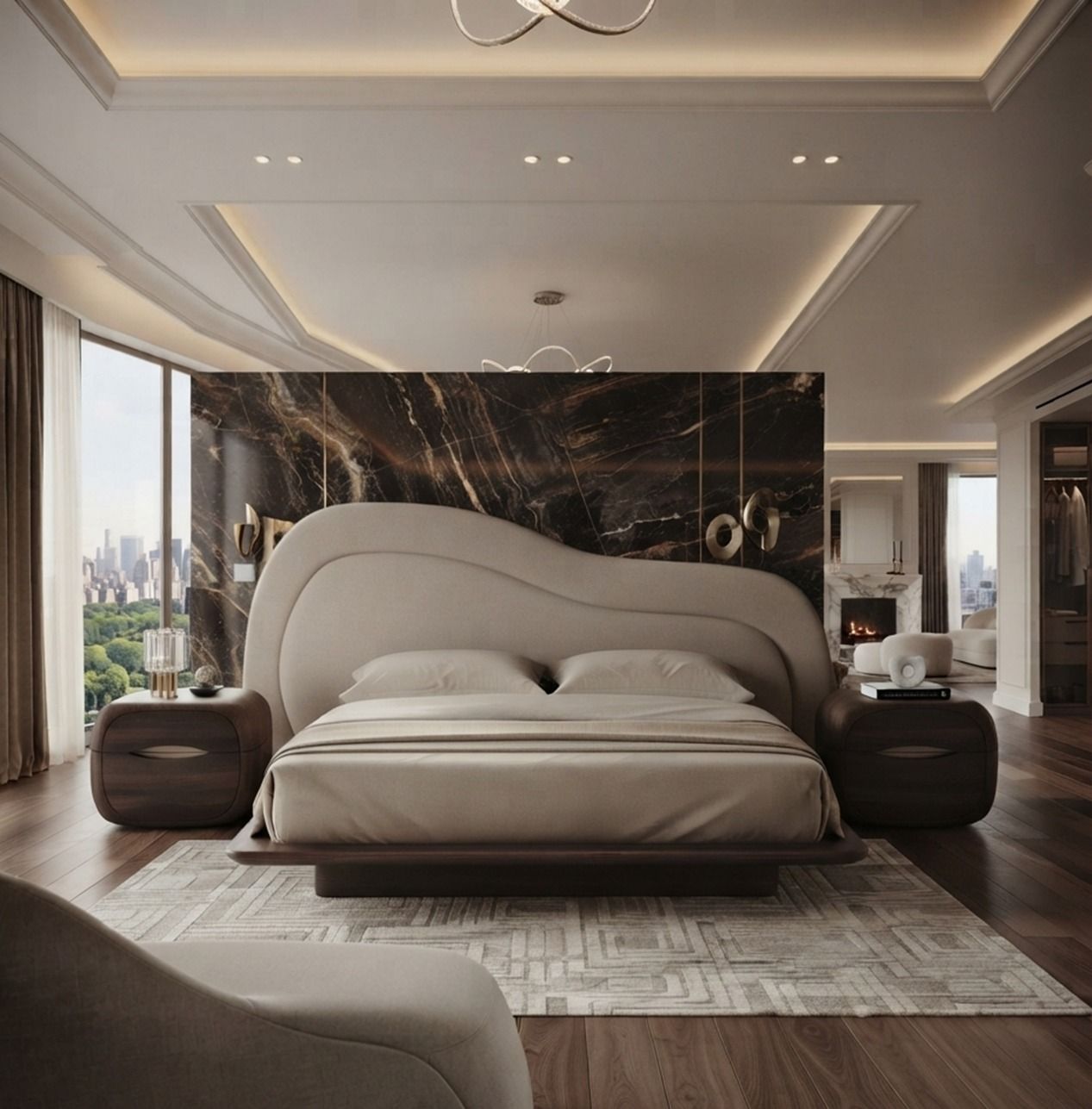 Contemporary bedroom with sculpted headboard and marble wall