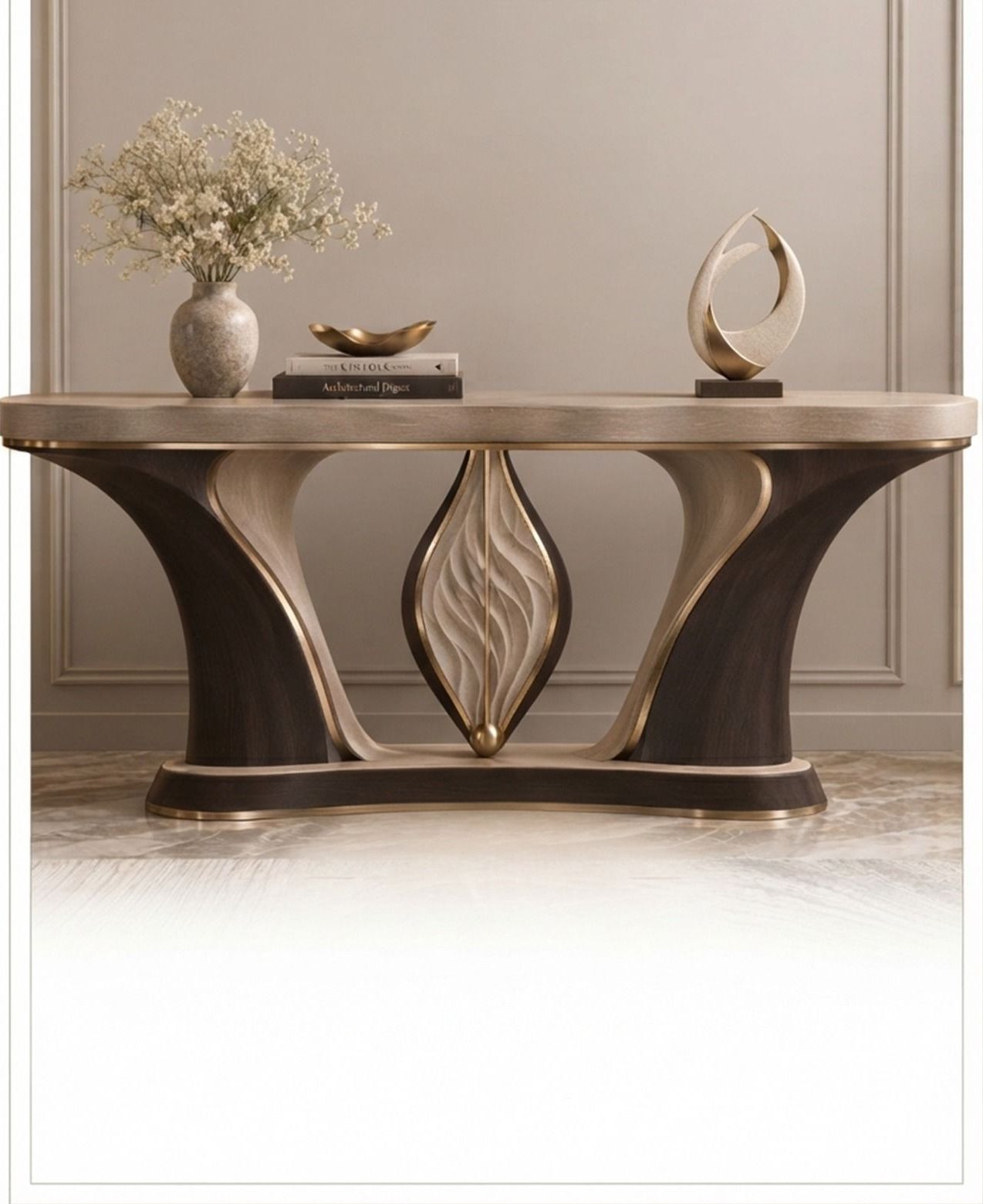 Sculpted dark wood console with brushed gold detailing