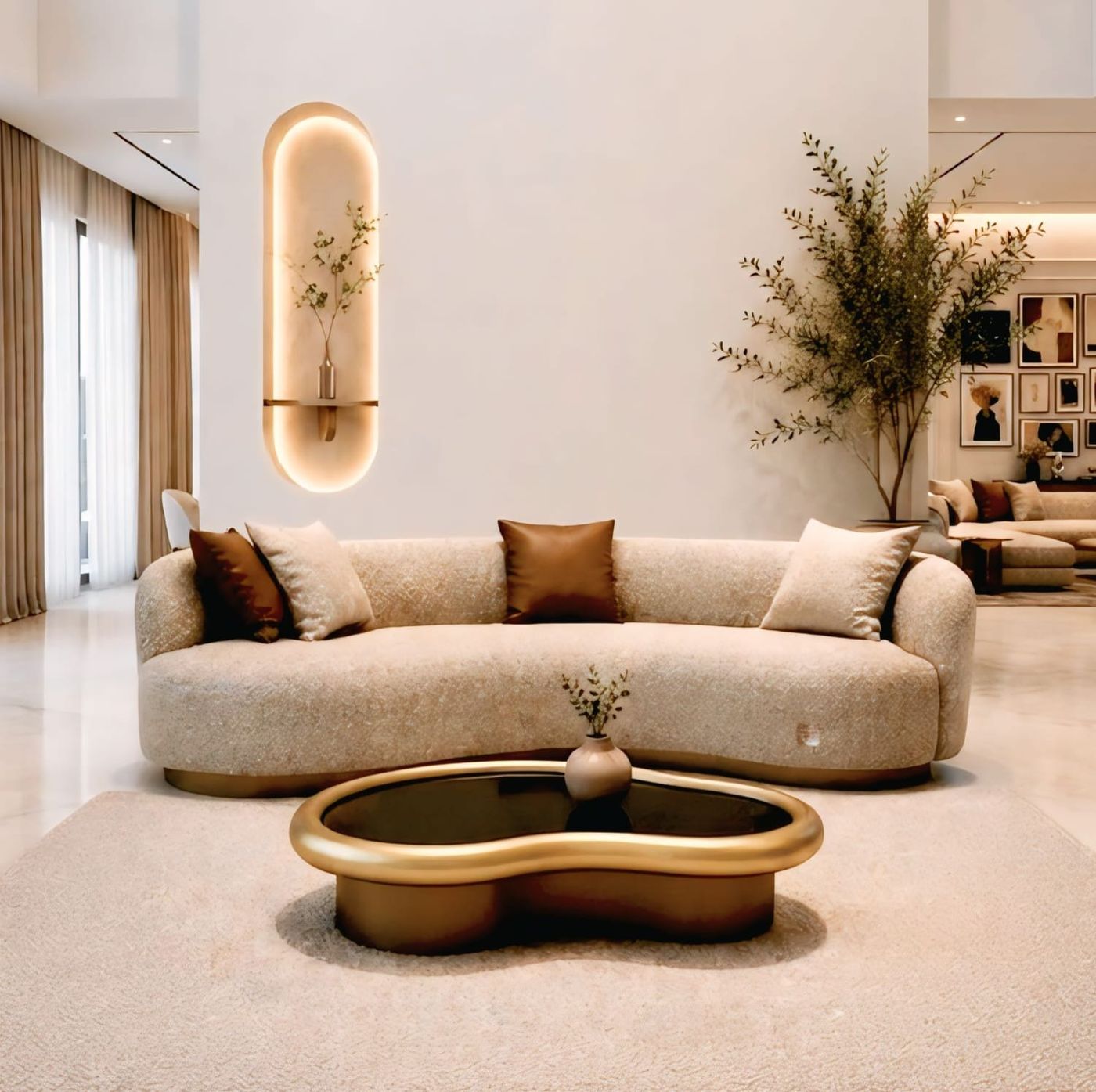 Modern curved sofa with brass coffee table