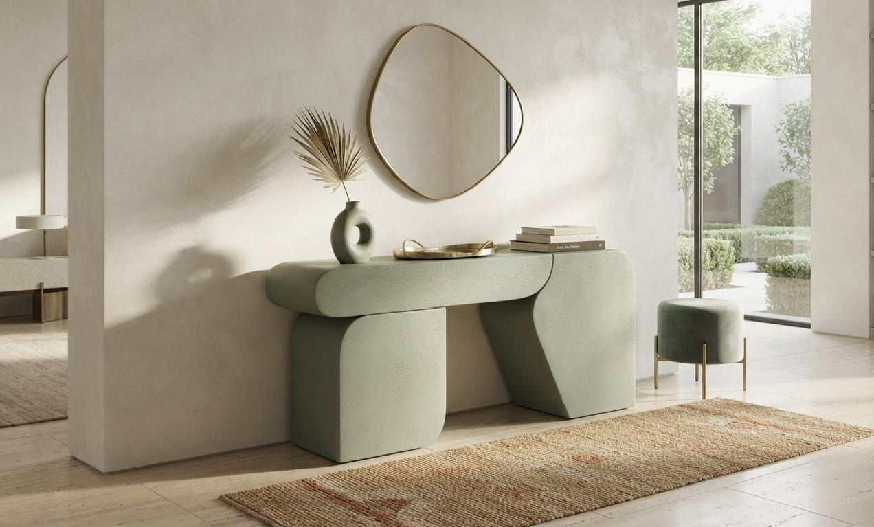 Minimal sage green console with organic mirror