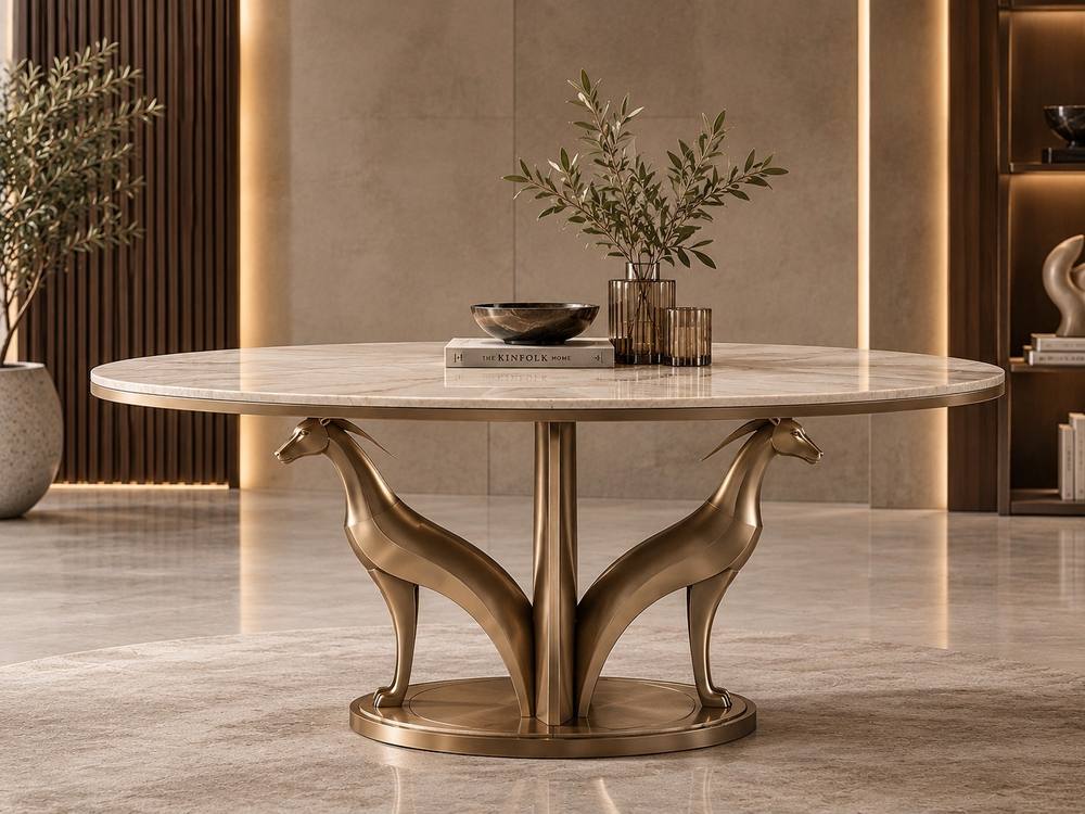 Sculpted bronze table with marble top and gazelle-form base