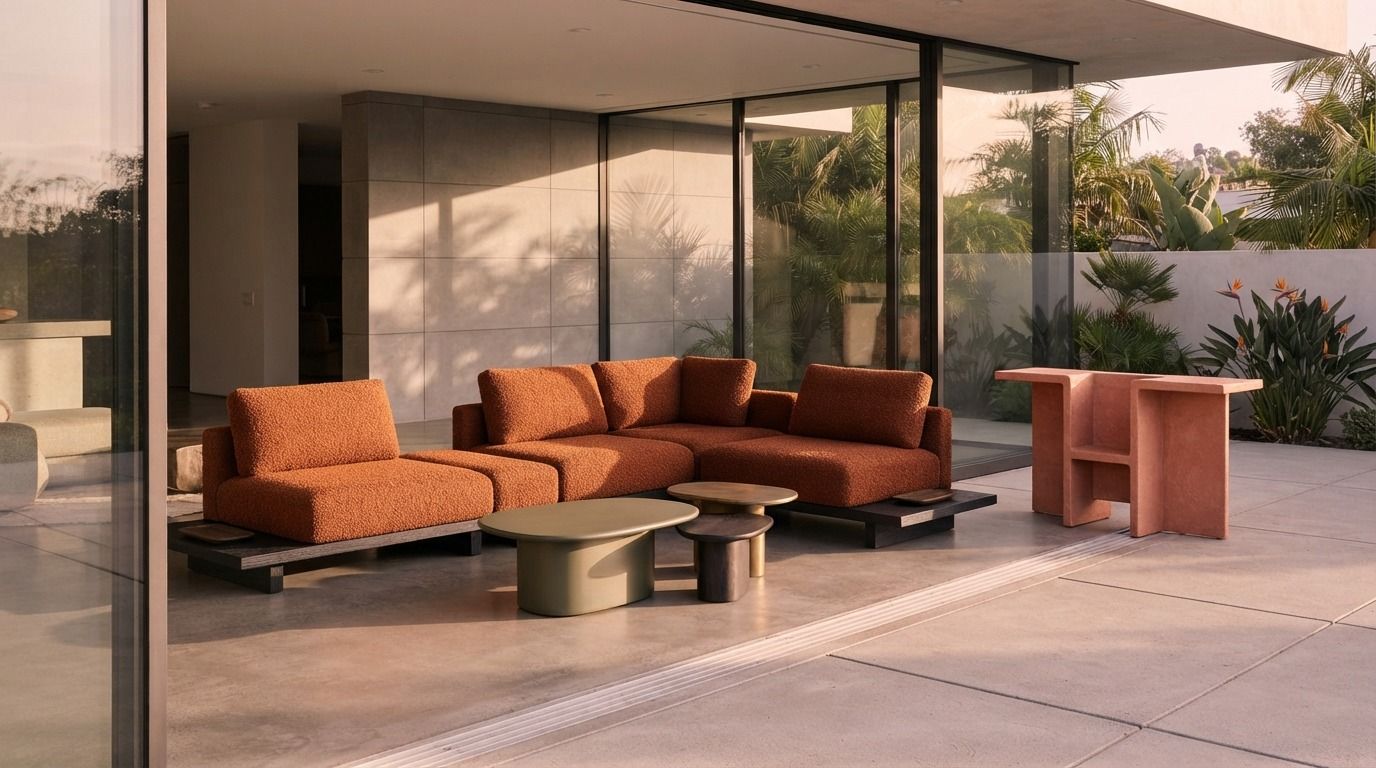 Terracotta modular sofa on a modern terrace