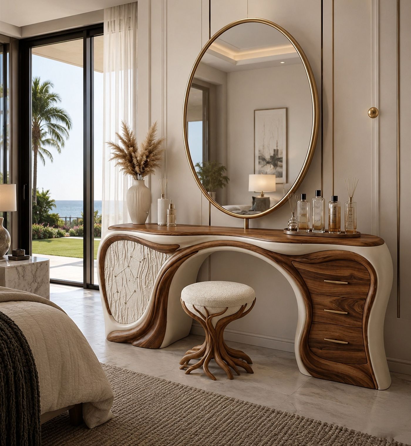 Sculptural wooden vanity with oval mirror in a sunlit bedroom