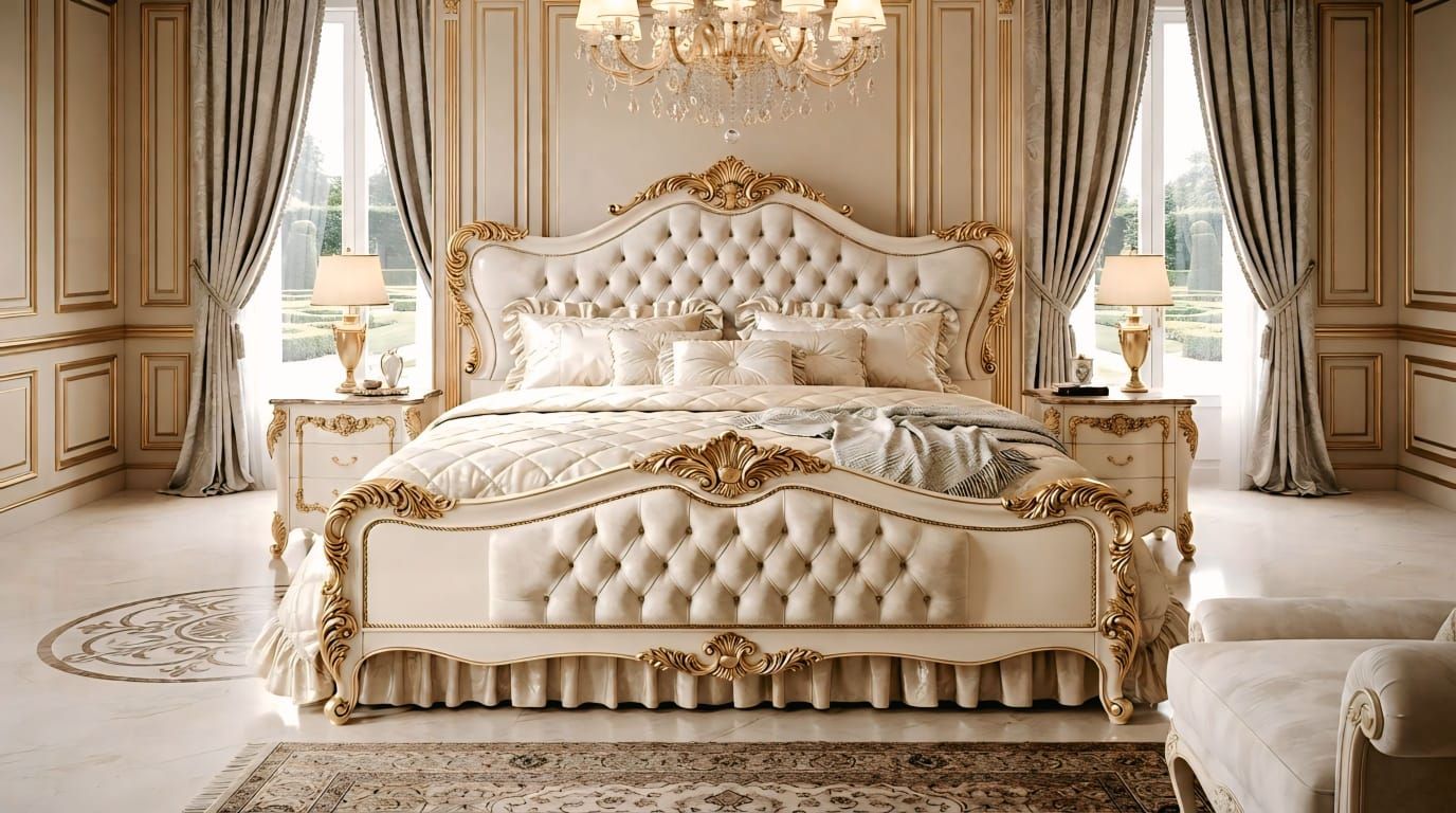 Hand-carved ivory and gold bed in a palatial bedroom