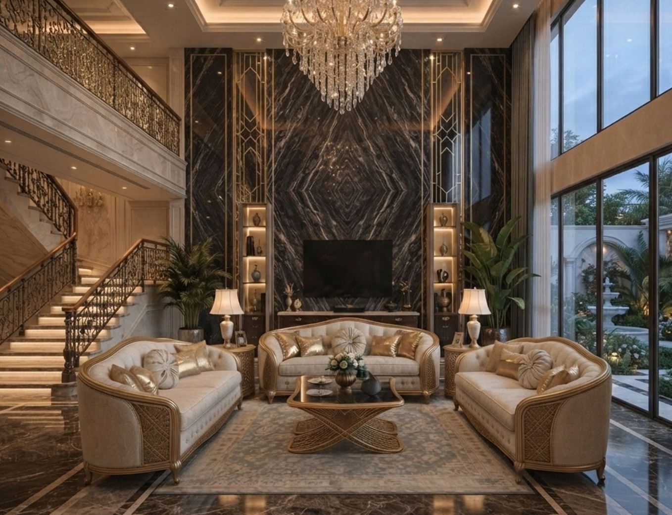 Grand living room with carved sofas beneath a crystal chandelier