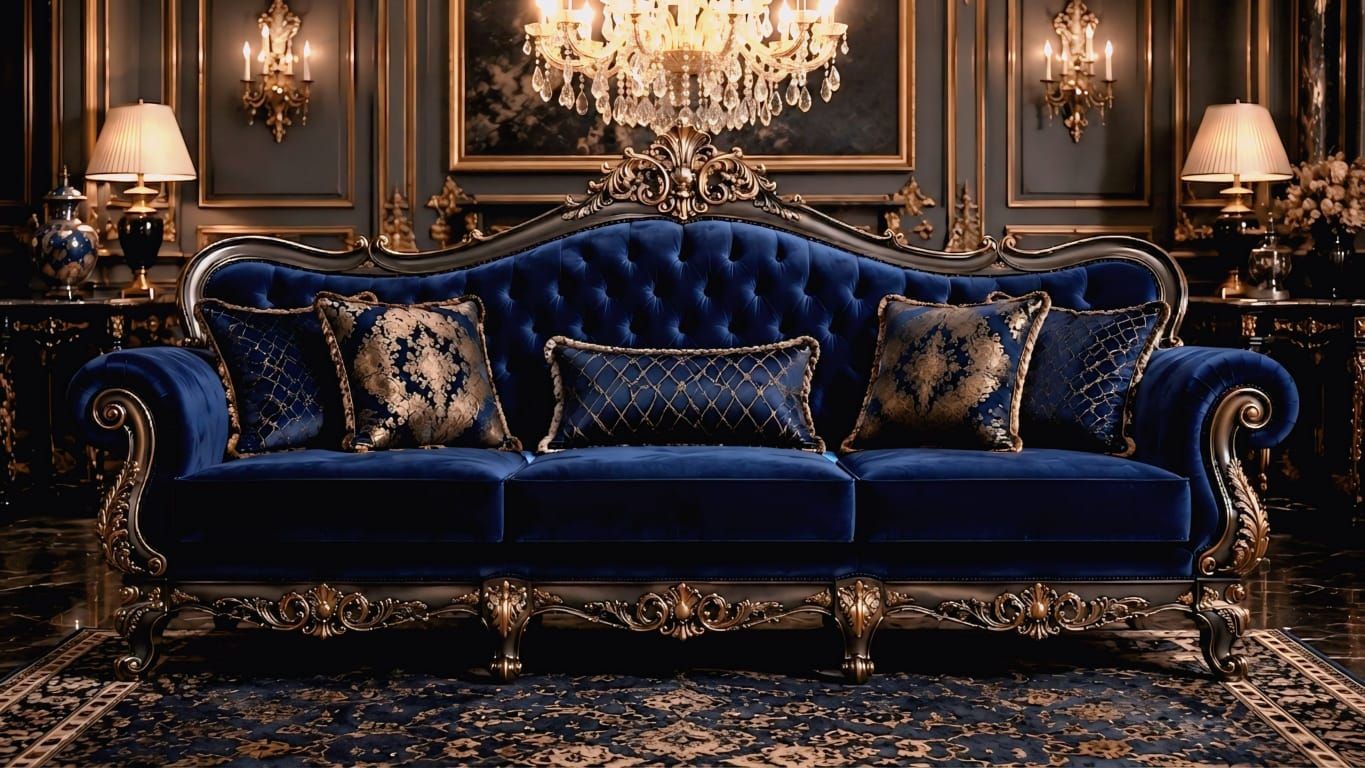 Royal blue velvet sofa with gilded carved frame